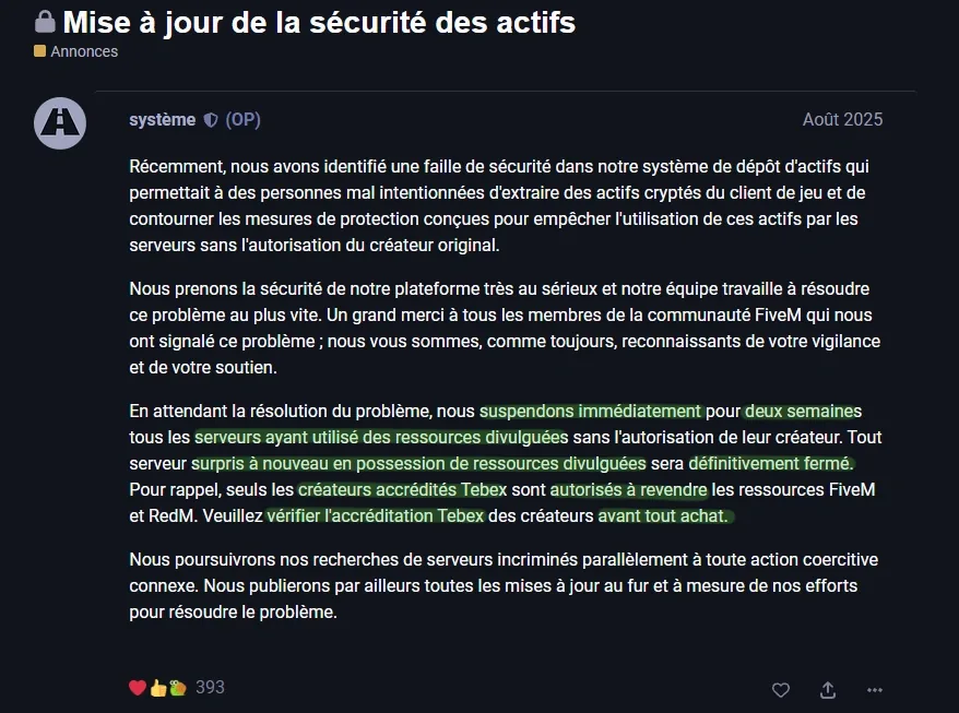 Annonce officielle de Cfx.re sur les sanctions visant les serveurs utilisant des assets issus d un leak