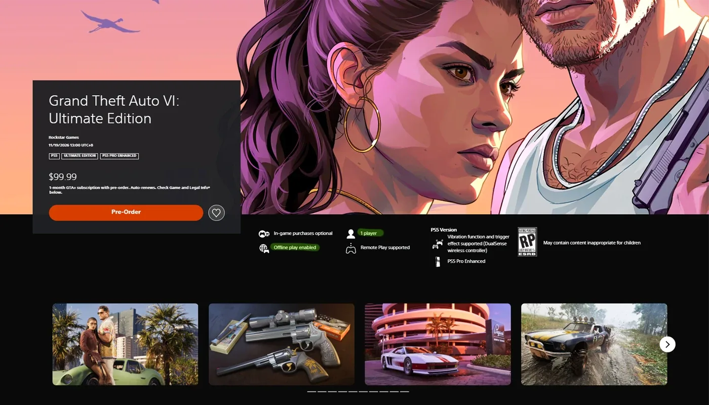 Official PlayStation page for GTA VI, showing 1 player and Offline play enabled, with no online play entry