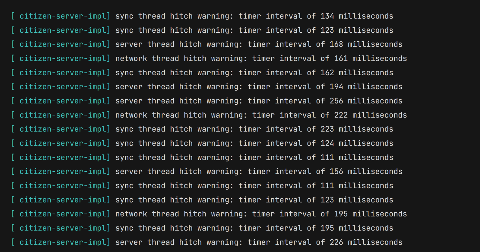 Console of a QBCore server under load: hitch warnings on the sync, server and network threads between 111 and 256 milliseconds